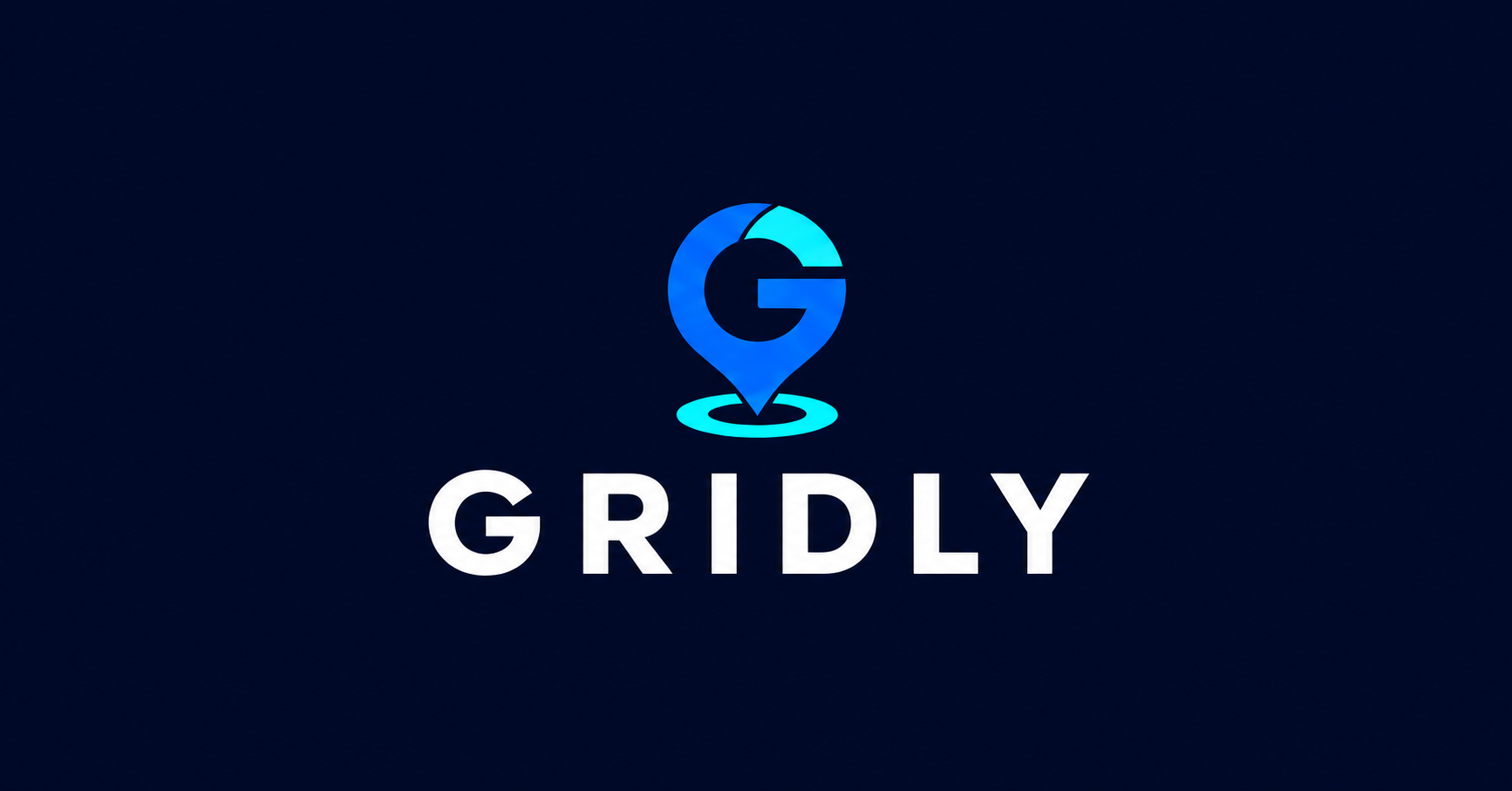 Blue G location pin above the GRIDLY name on a dark blue background